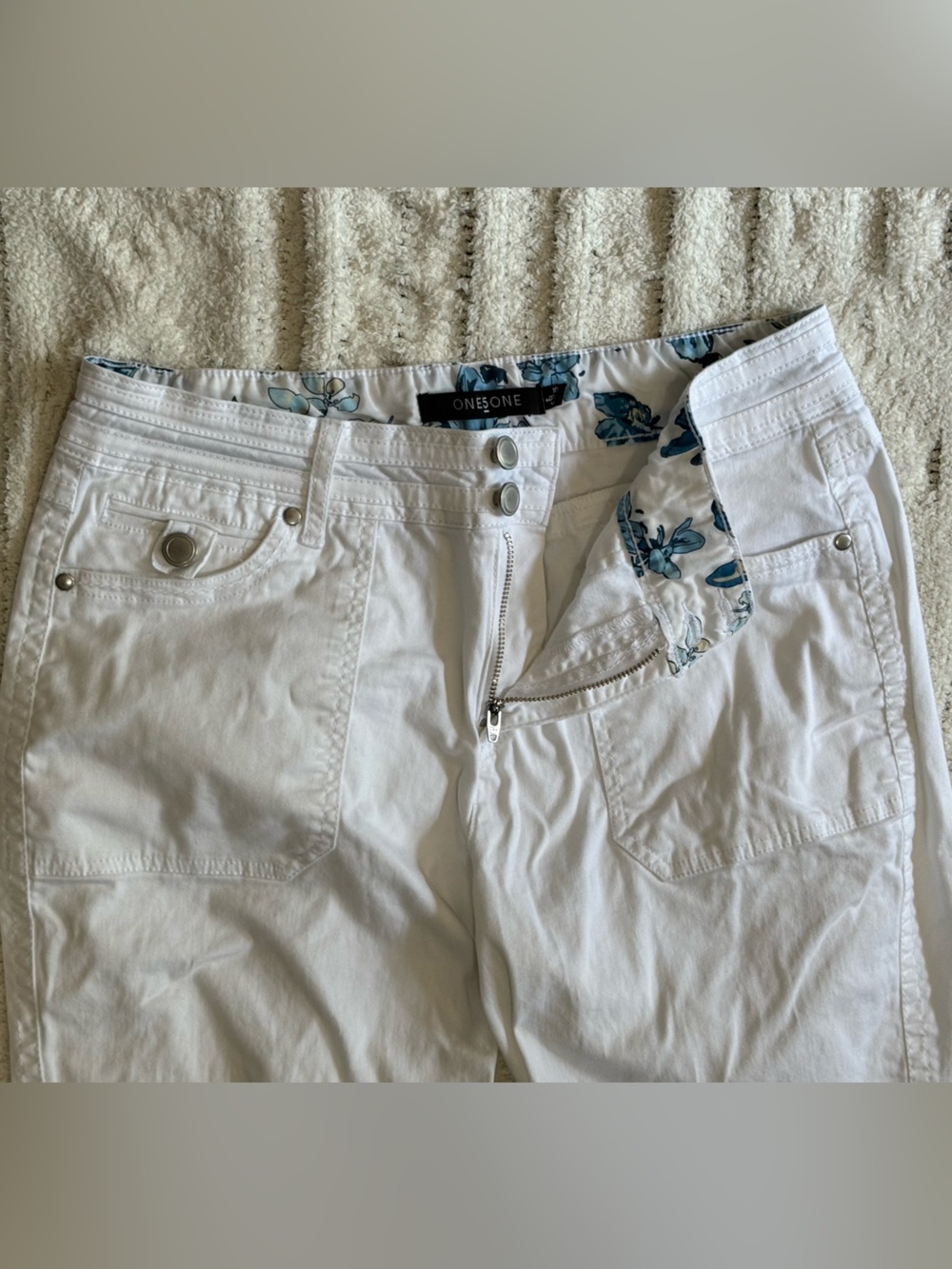 ONE5ONE White Cropped Pants Floral Waistband Stretch Cotton Size 10 - Picture 3 of 14